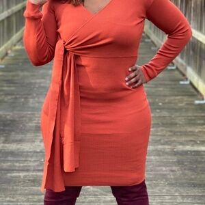 Elegant Long Sleeve Orange Sweater Dress